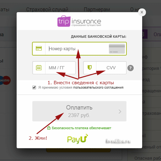 Данные банковской карты для Tripinsurance